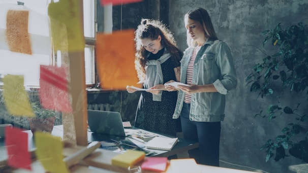 Two women work on a project in an office.