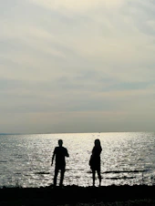Two silhouetted figures stare at a sparkling ocean.