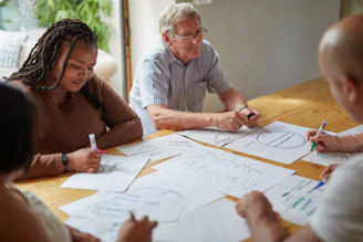 People are brainstorming and working together on papers.
