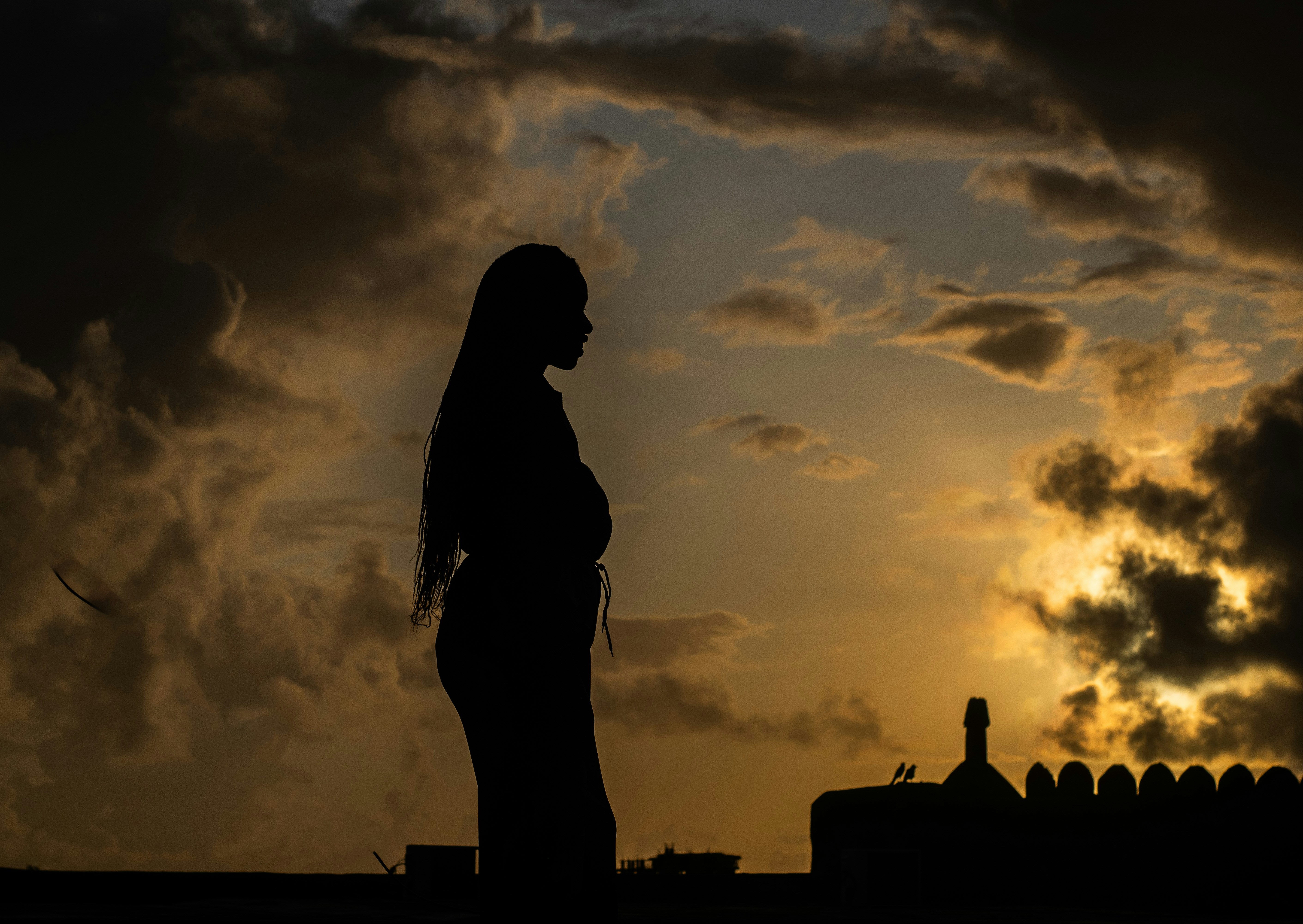 Silhouette of a woman at sunset.