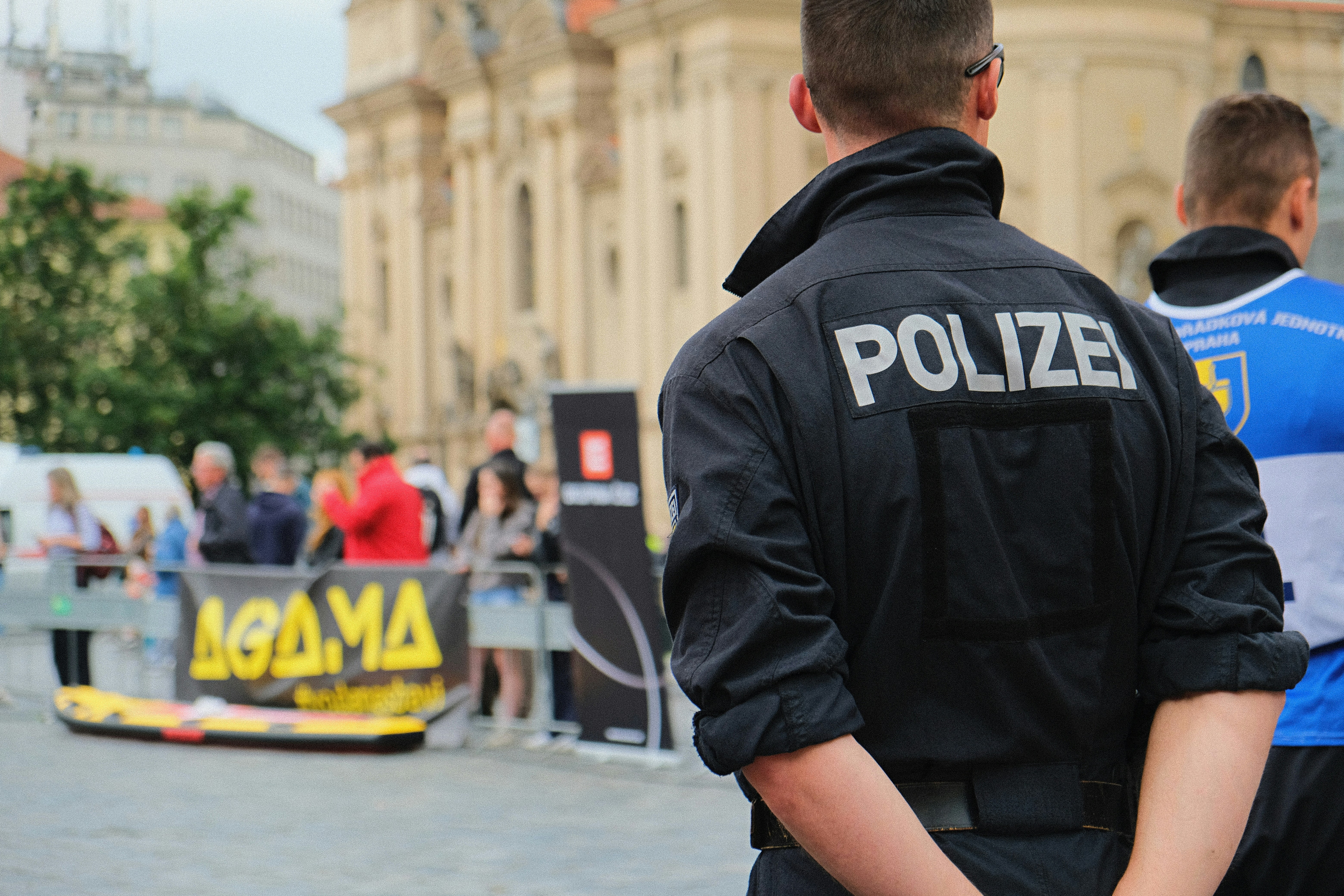 Police officers are standing guard during an event.