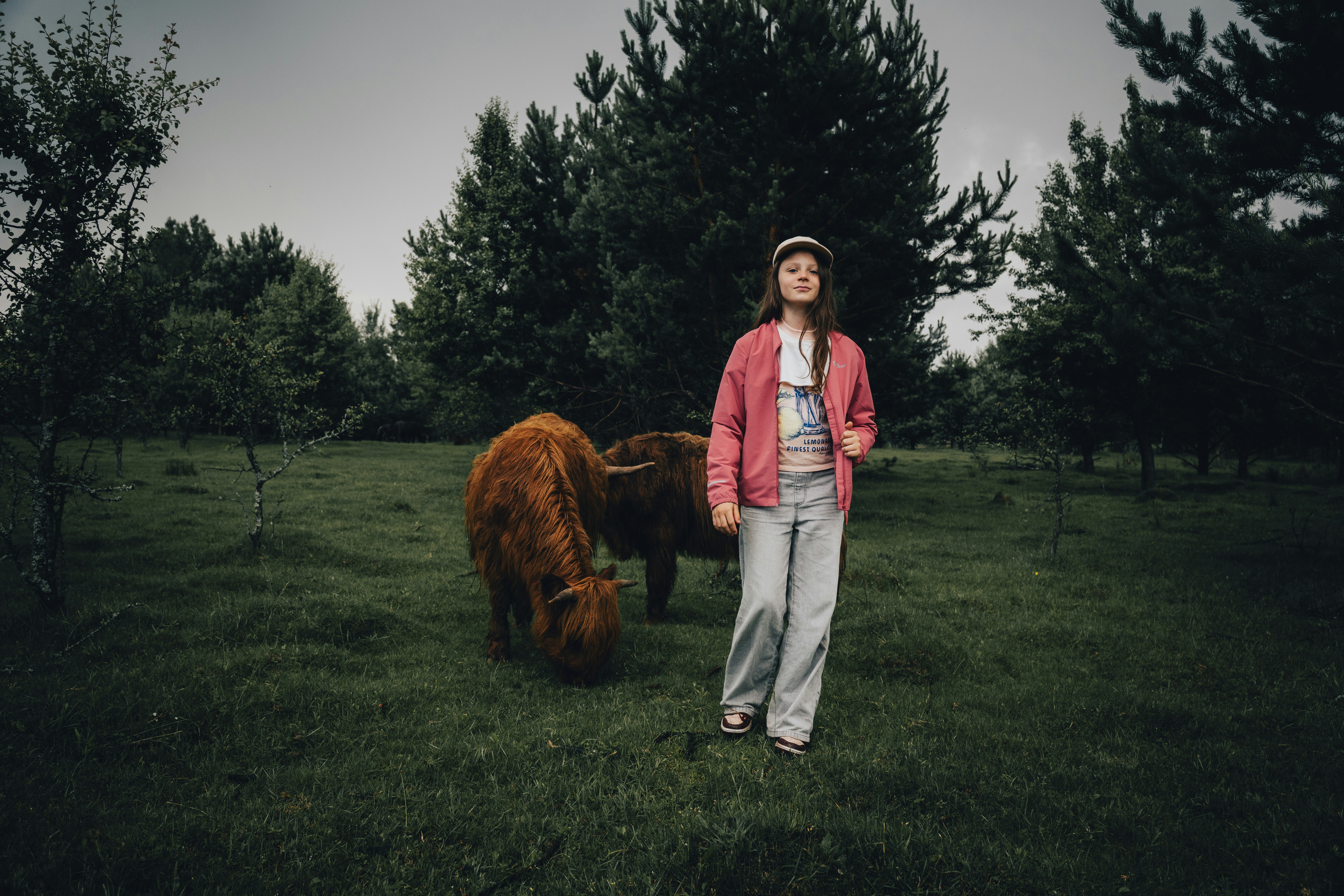 A girl stands with two cows in a field.