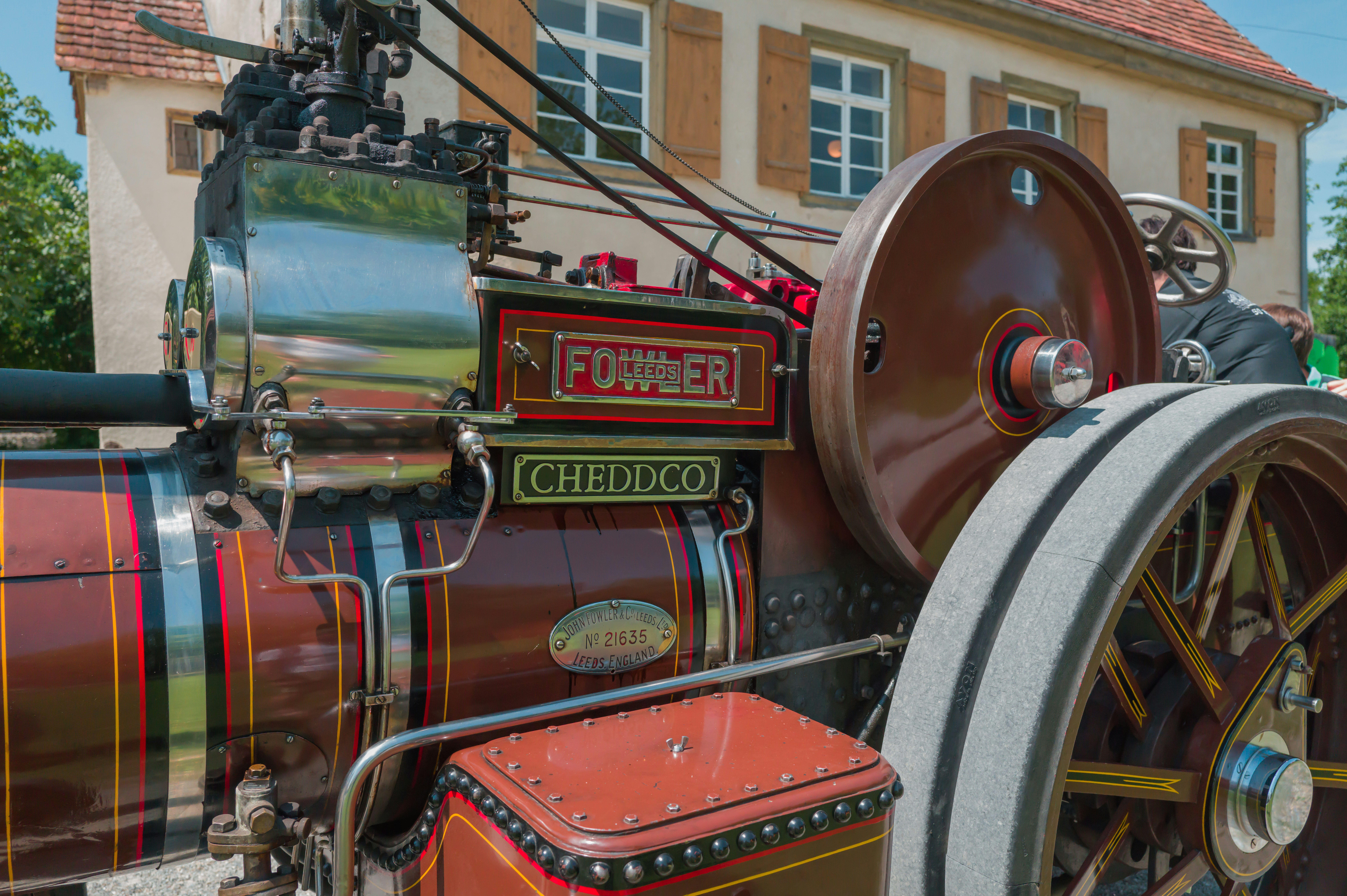 A vintage steam engine is on display.