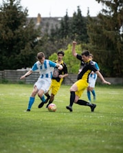 Soccer players are in action during a game.