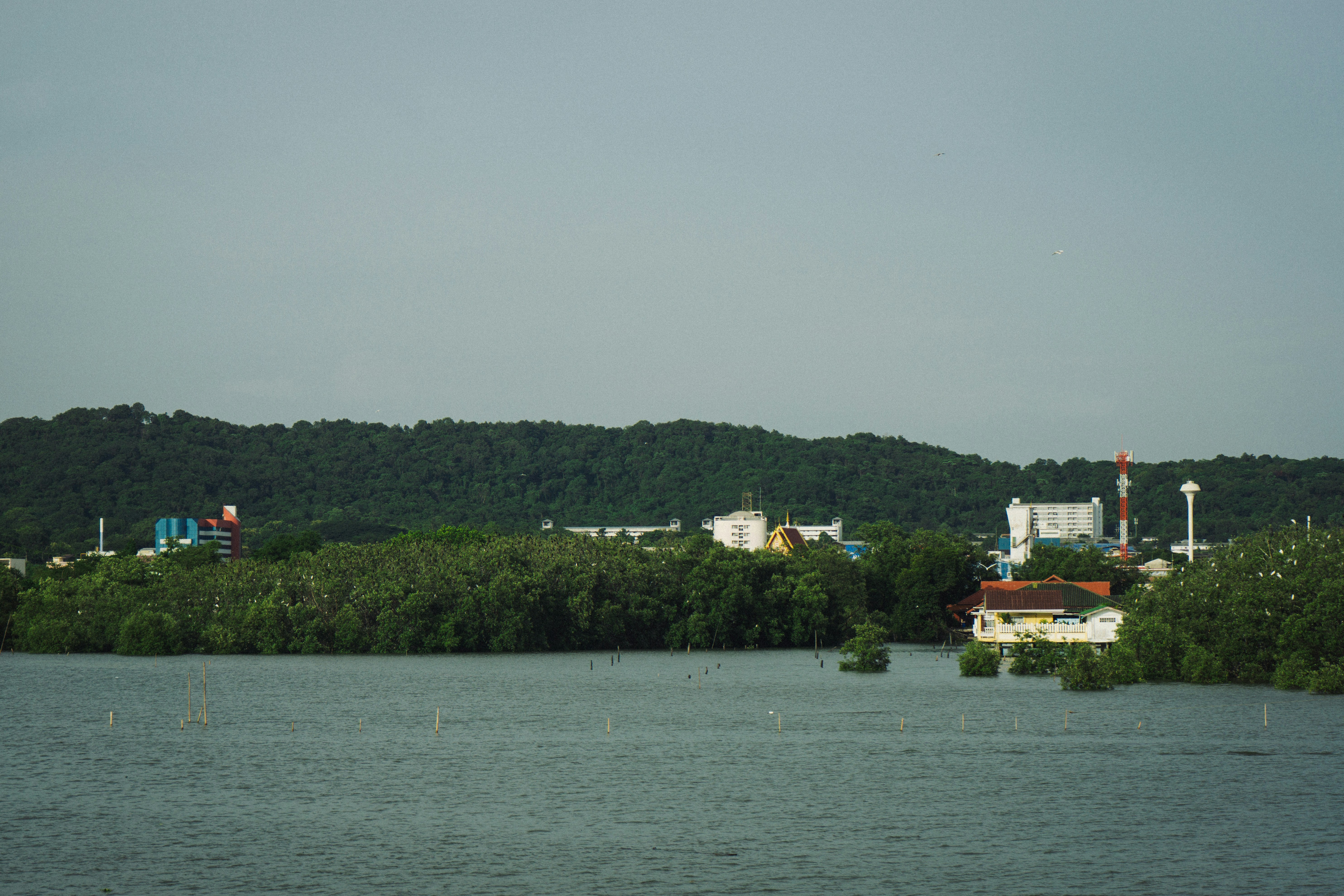 A body of water leads to a distant town.