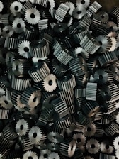 A pile of metal gears is shown.