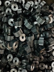 A pile of metal gears is shown.