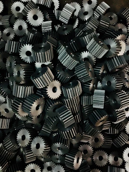 A pile of metal gears is shown.