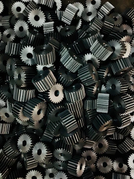 A pile of metal gears is shown.