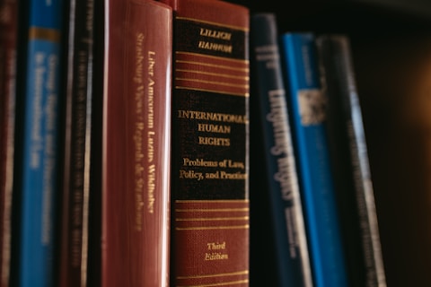 Books related to law and human rights are visible.