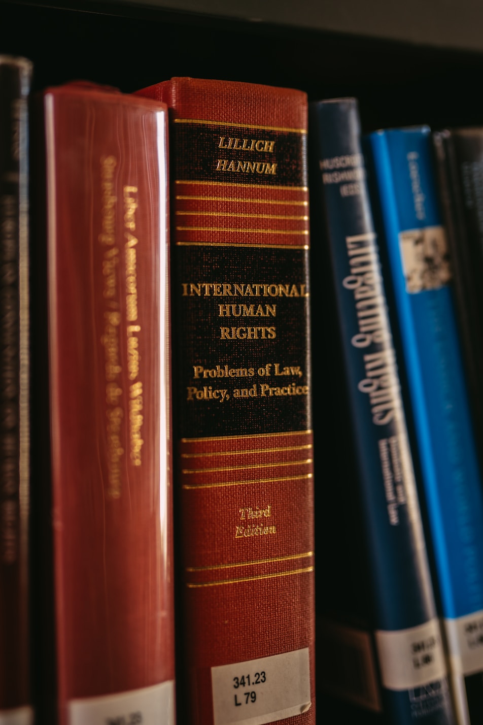 Books on law and human rights are on a shelf.