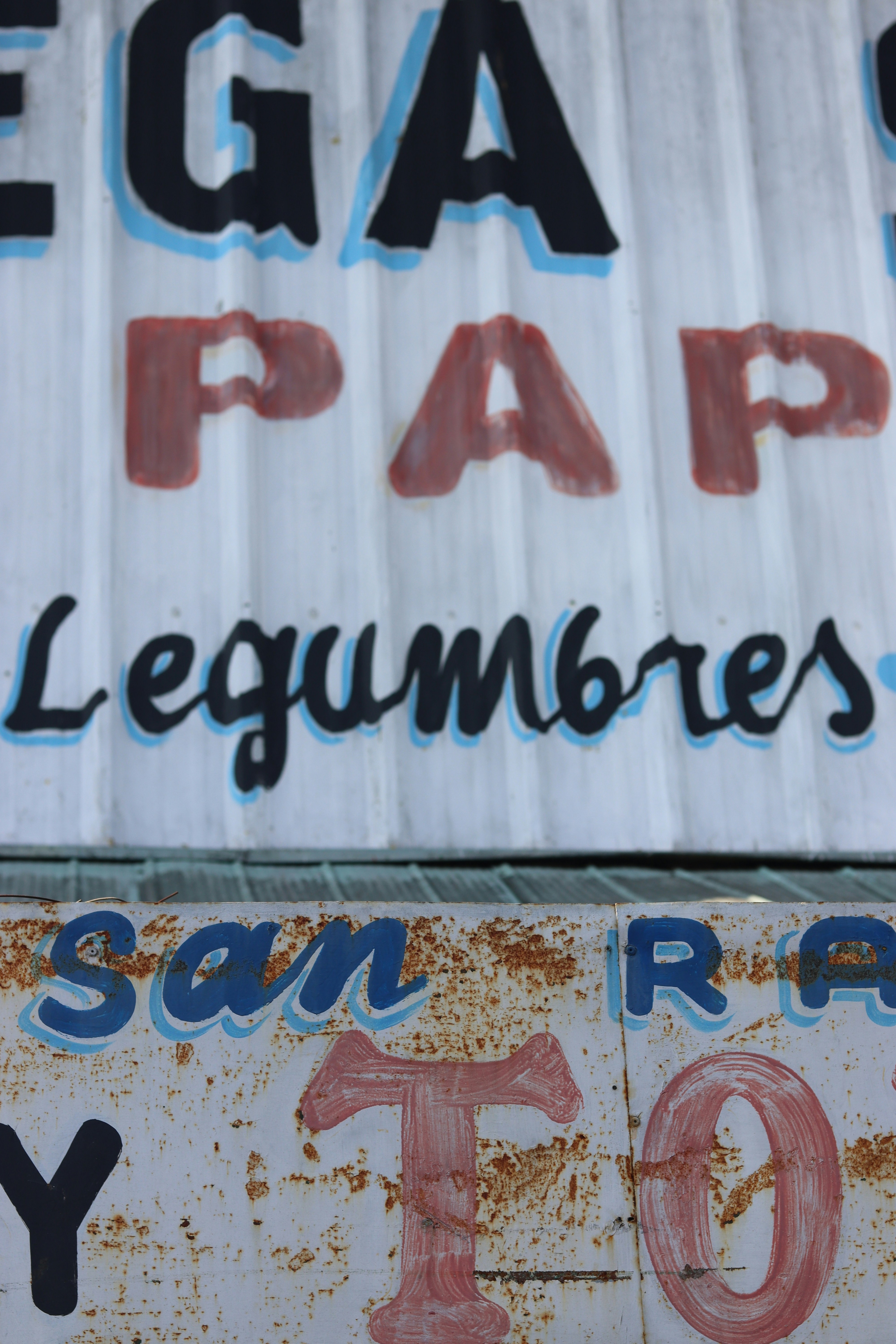 Signs for vegetables and produce are shown.