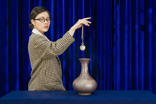 Woman with glasses dangles pendulum over vase