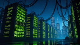 Servers illuminate a futuristic cityscape with a data center.