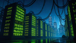 Servers illuminate a futuristic cityscape with a data center.