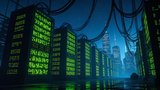 Servers illuminate a futuristic cityscape with a data center.