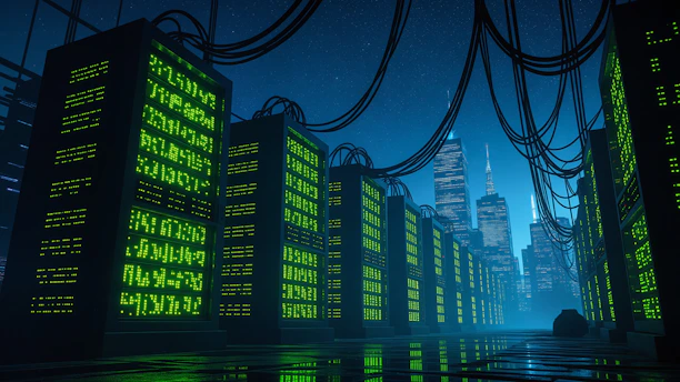 Servers illuminate a futuristic cityscape with a data center.
