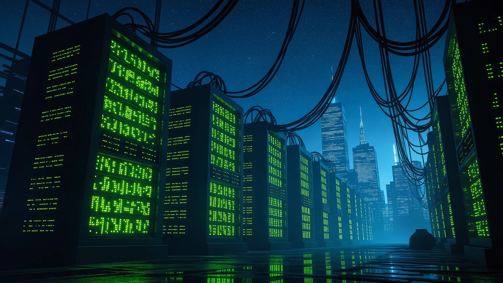 Servers illuminate a futuristic cityscape with a data center.