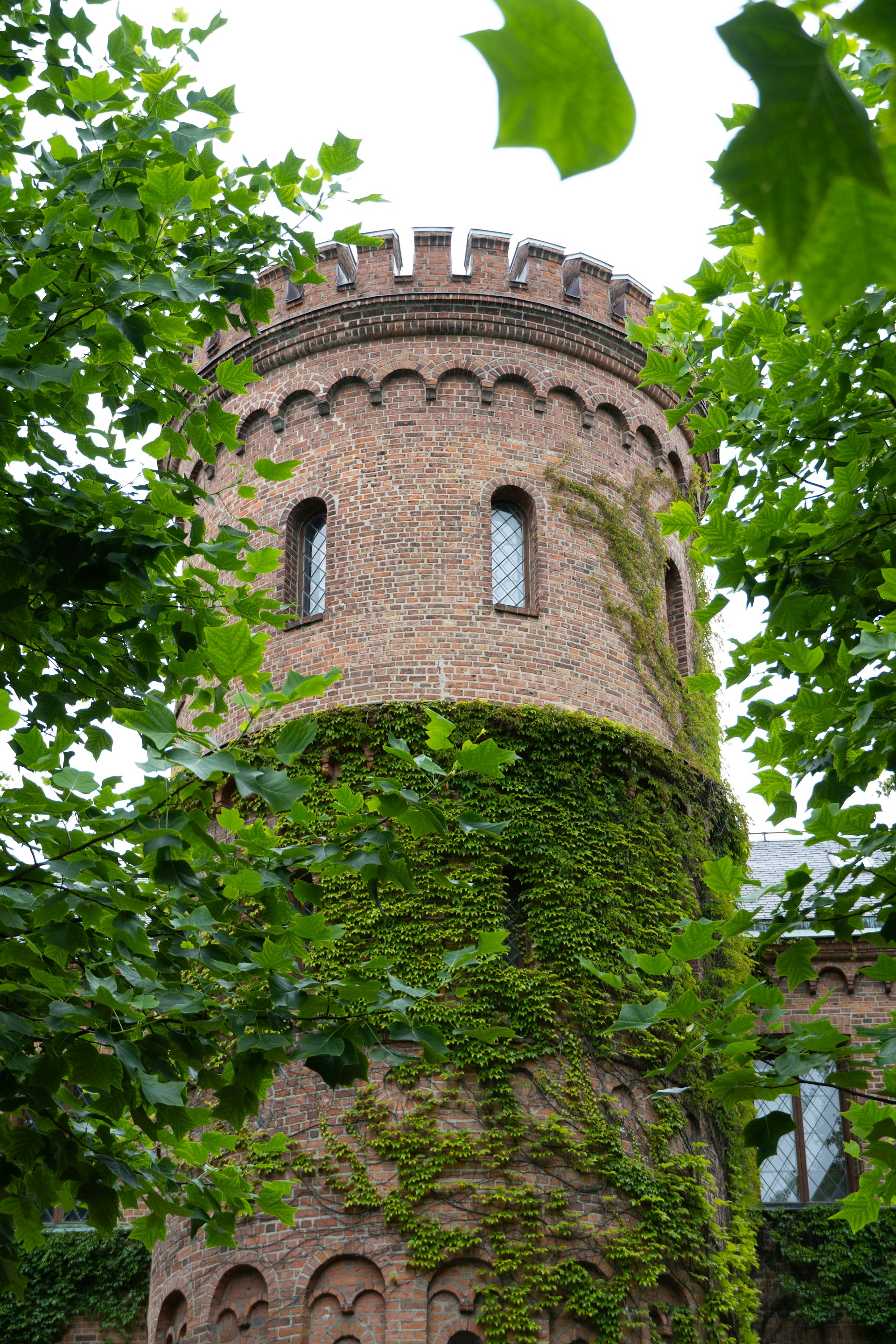 A brick tower is covered in ivy.
