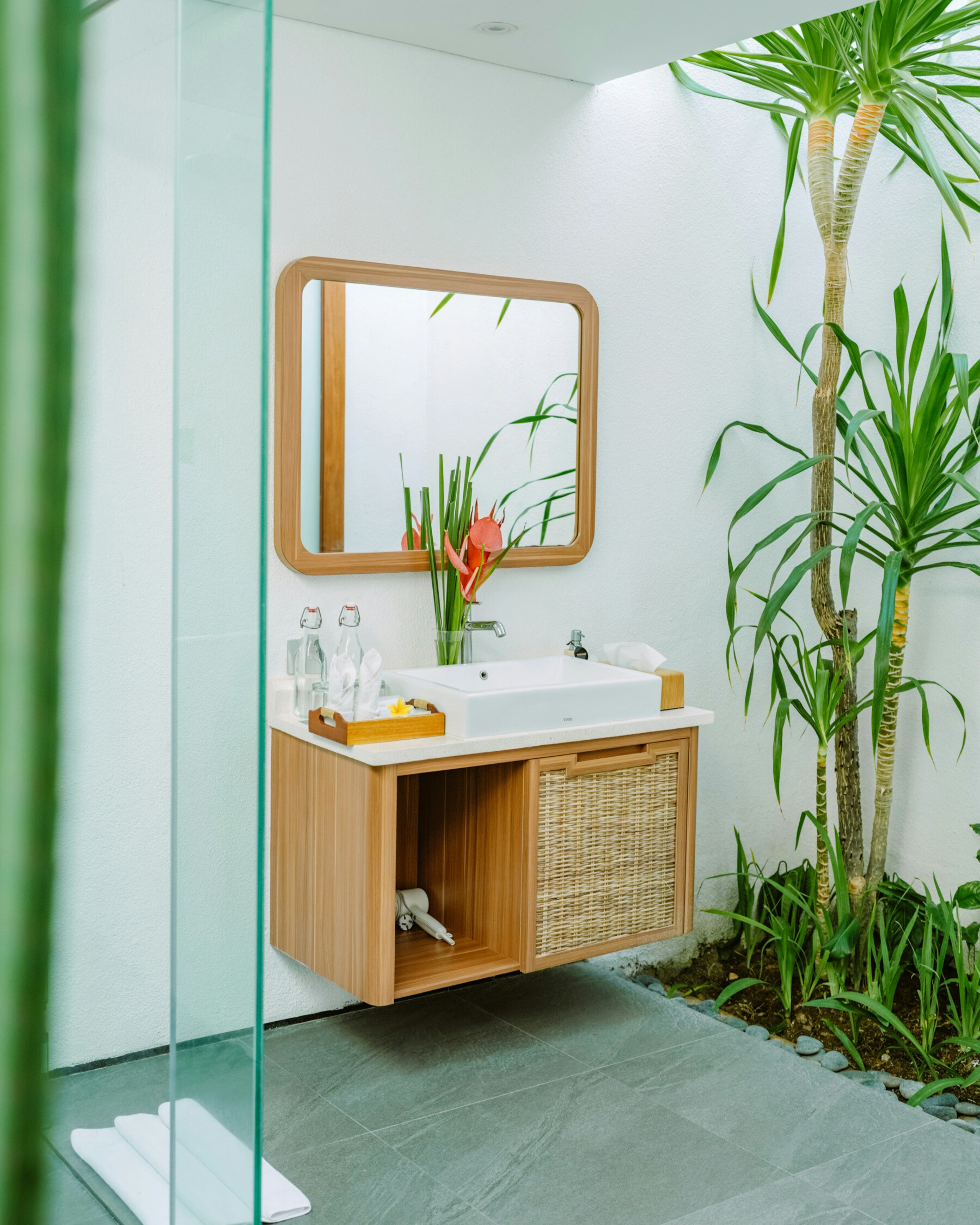 A bright and airy bathroom decorated with plants.