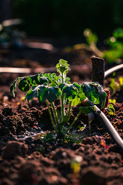 A small plant flourishes in the brown soil