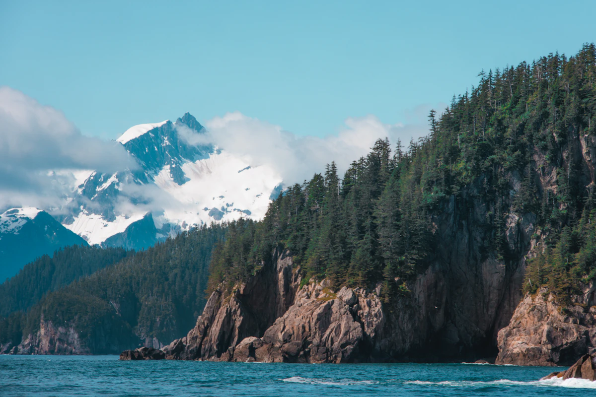 Forested cliffs and snowy peaks above the sea in Kenai Fjords, Alaska