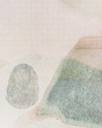 Abstract landscape painting with a geometric grid.