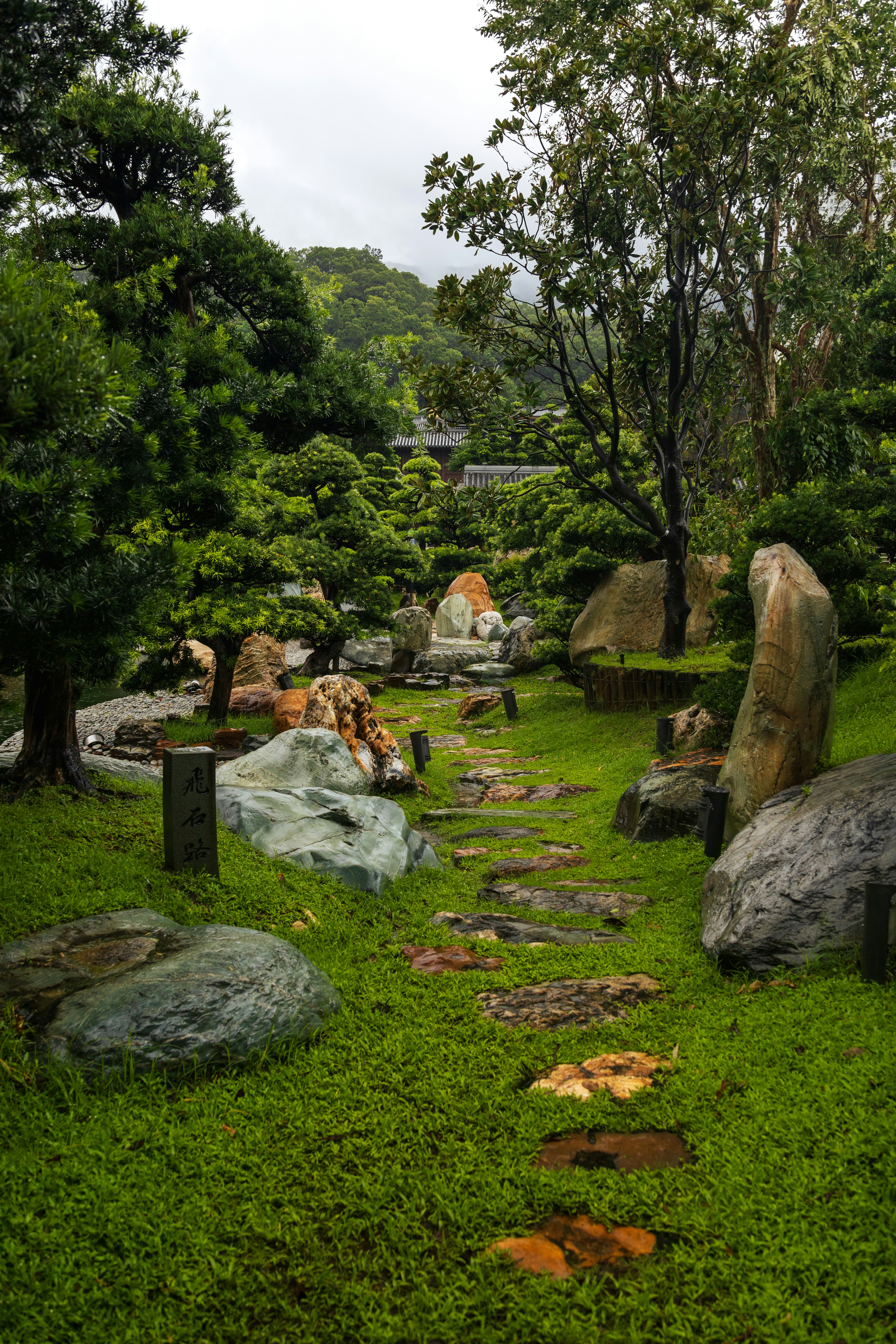 A stone path winds through a lush garden.