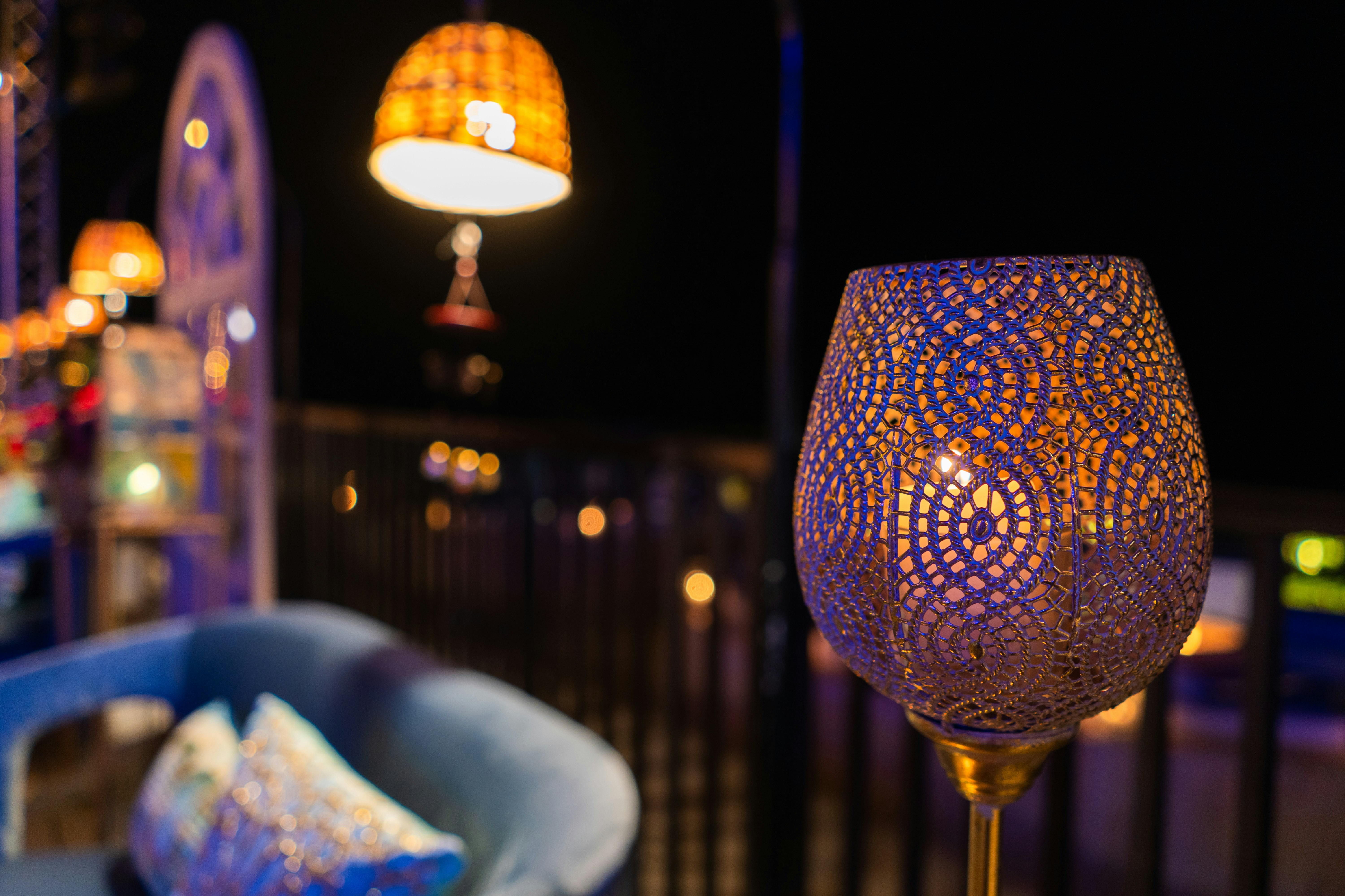 Lanterns and decorative lights at night.