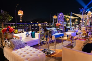 Outdoor lounge with beautiful furniture and lights.