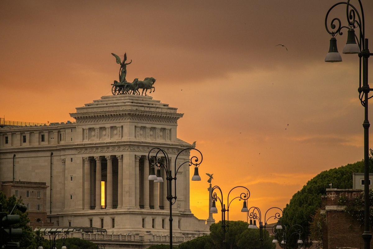 Rome rooftop panorama at sunset in spring