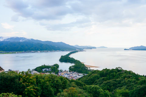 Scenic view of a bay with land formations.