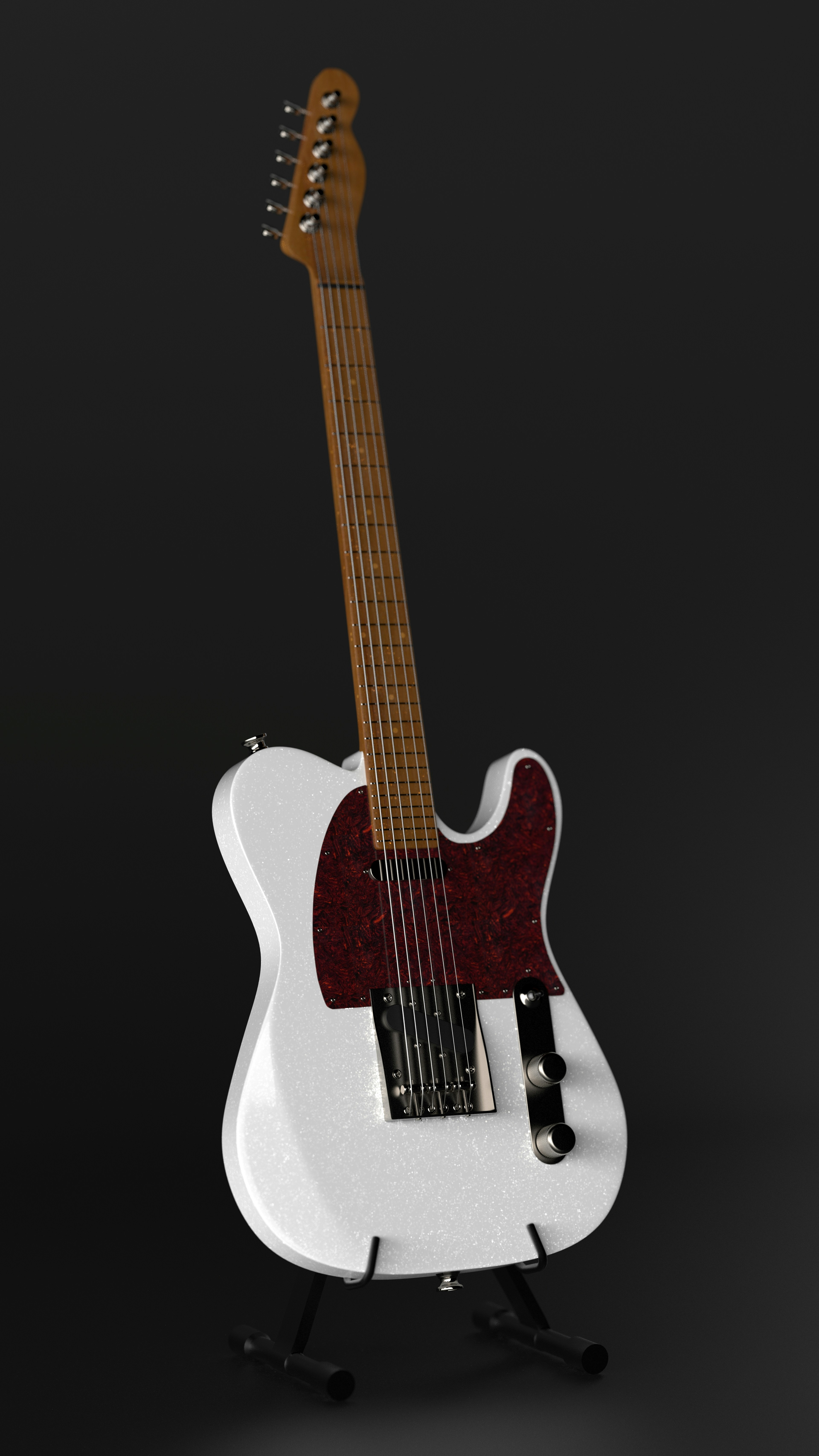 Sebuah gitar elektrik putih ada di atas dudukan.