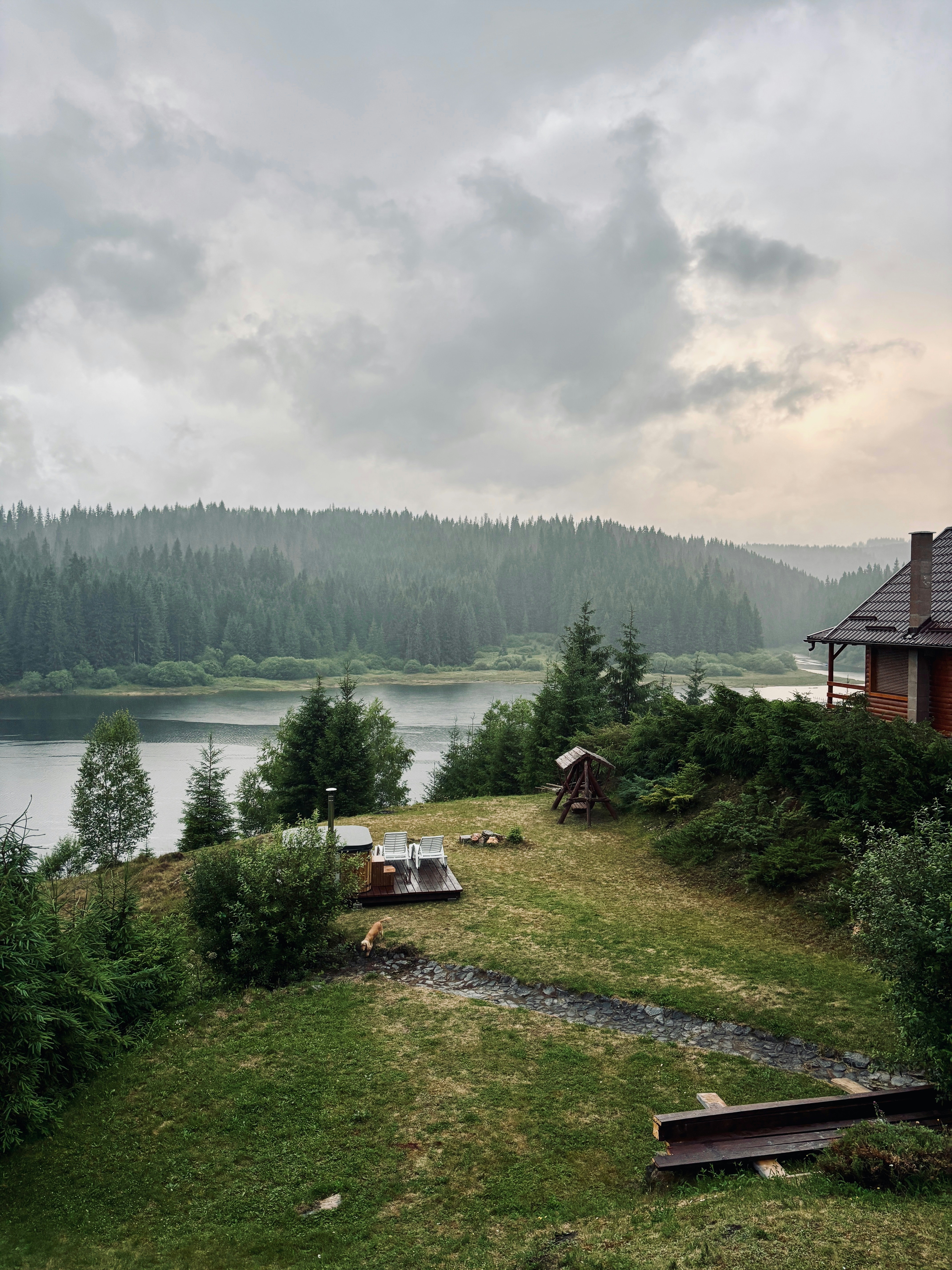 Lush lakeside view under a cloudy sky.