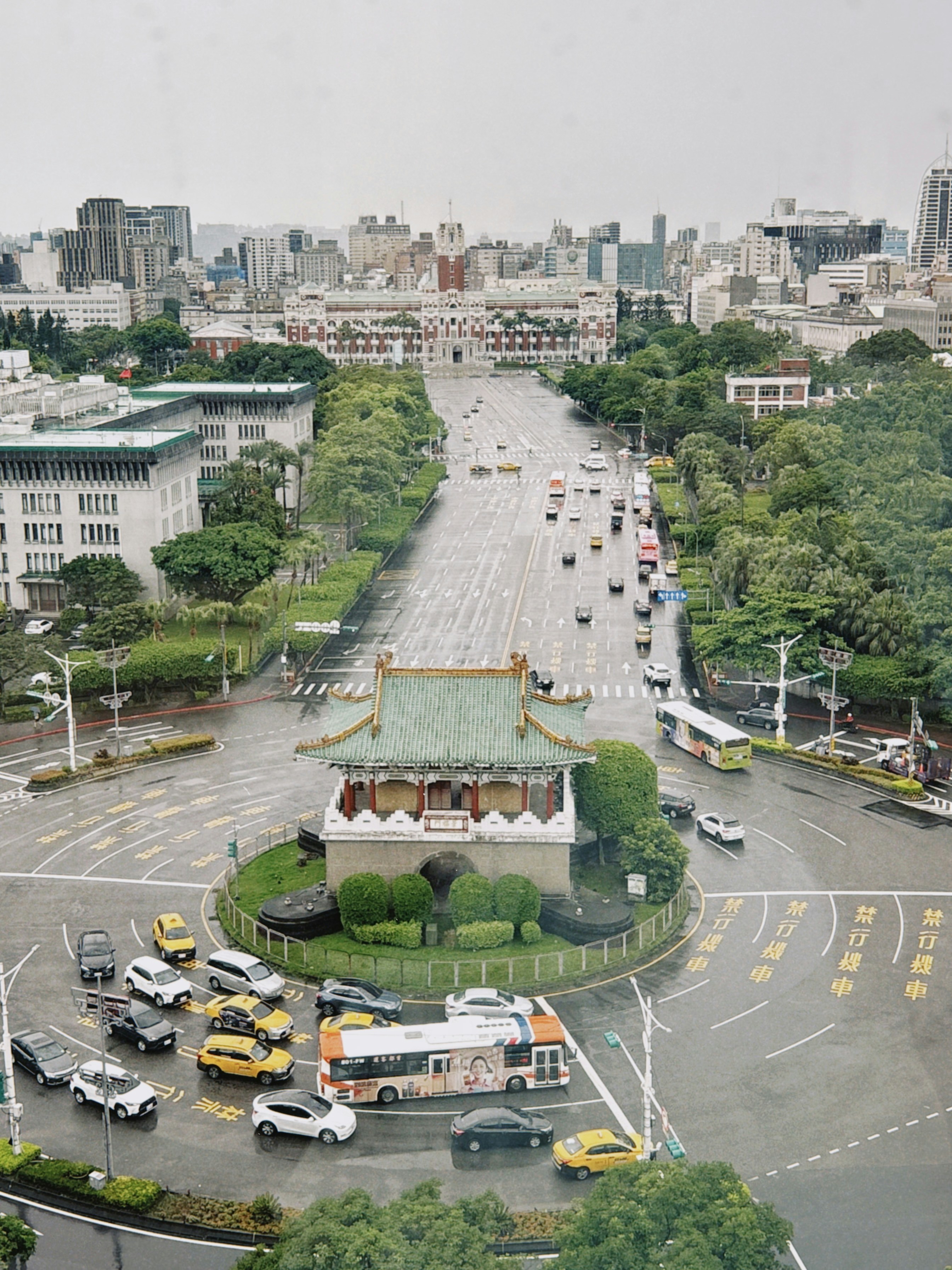 Cityscape with a landmark in the center.