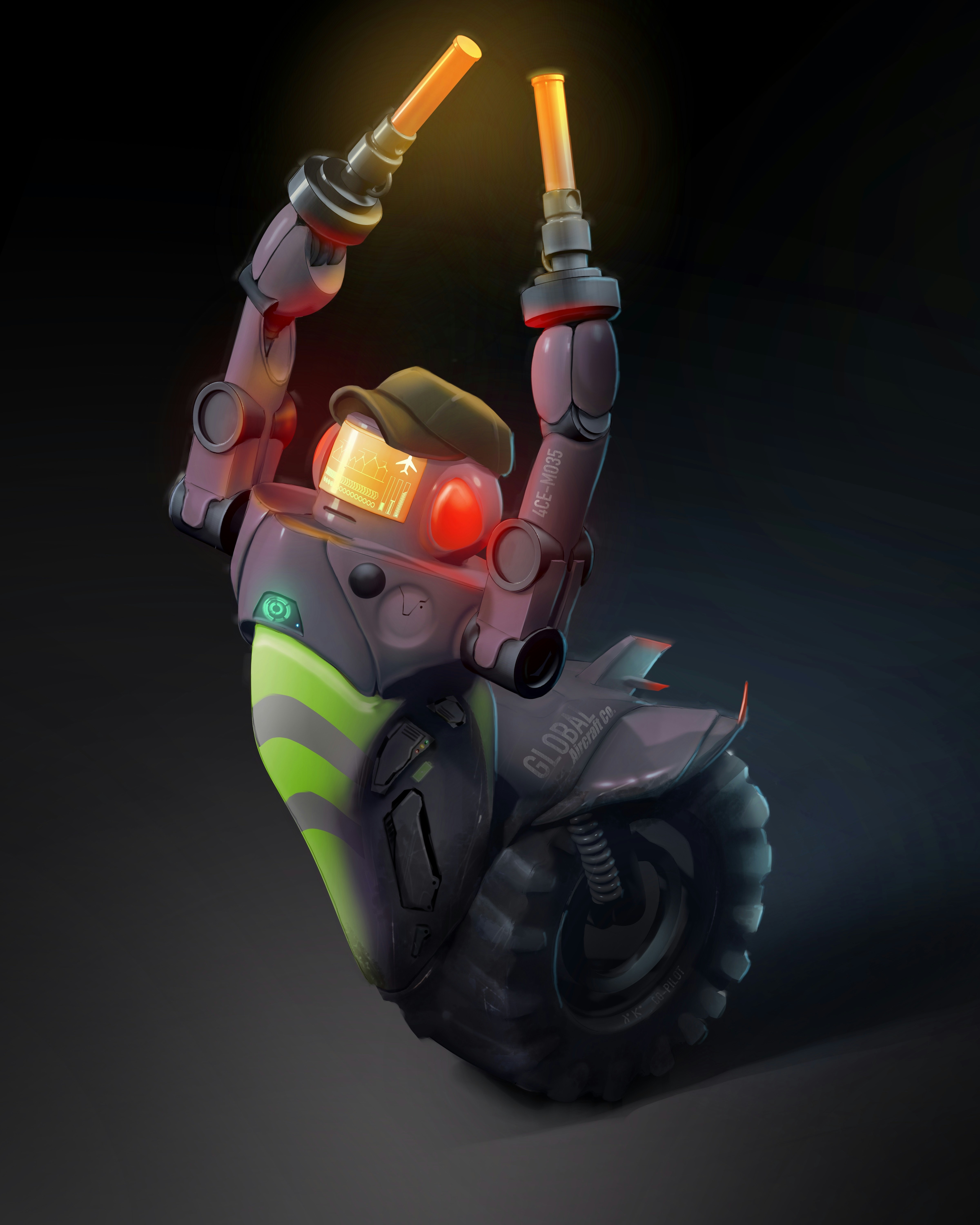 Robot on a unicycle with arms raised.