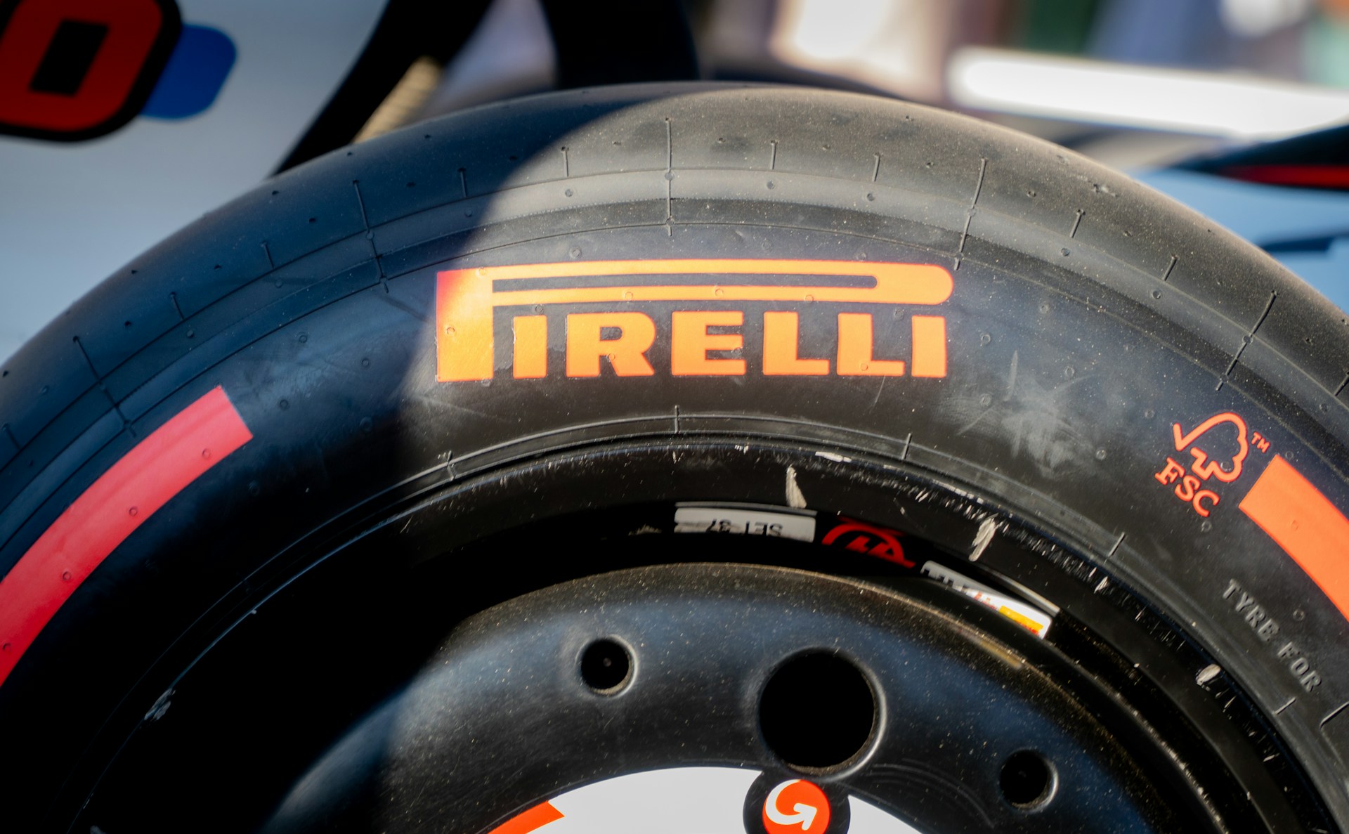 Pirelli tire on a formula 1 race car.