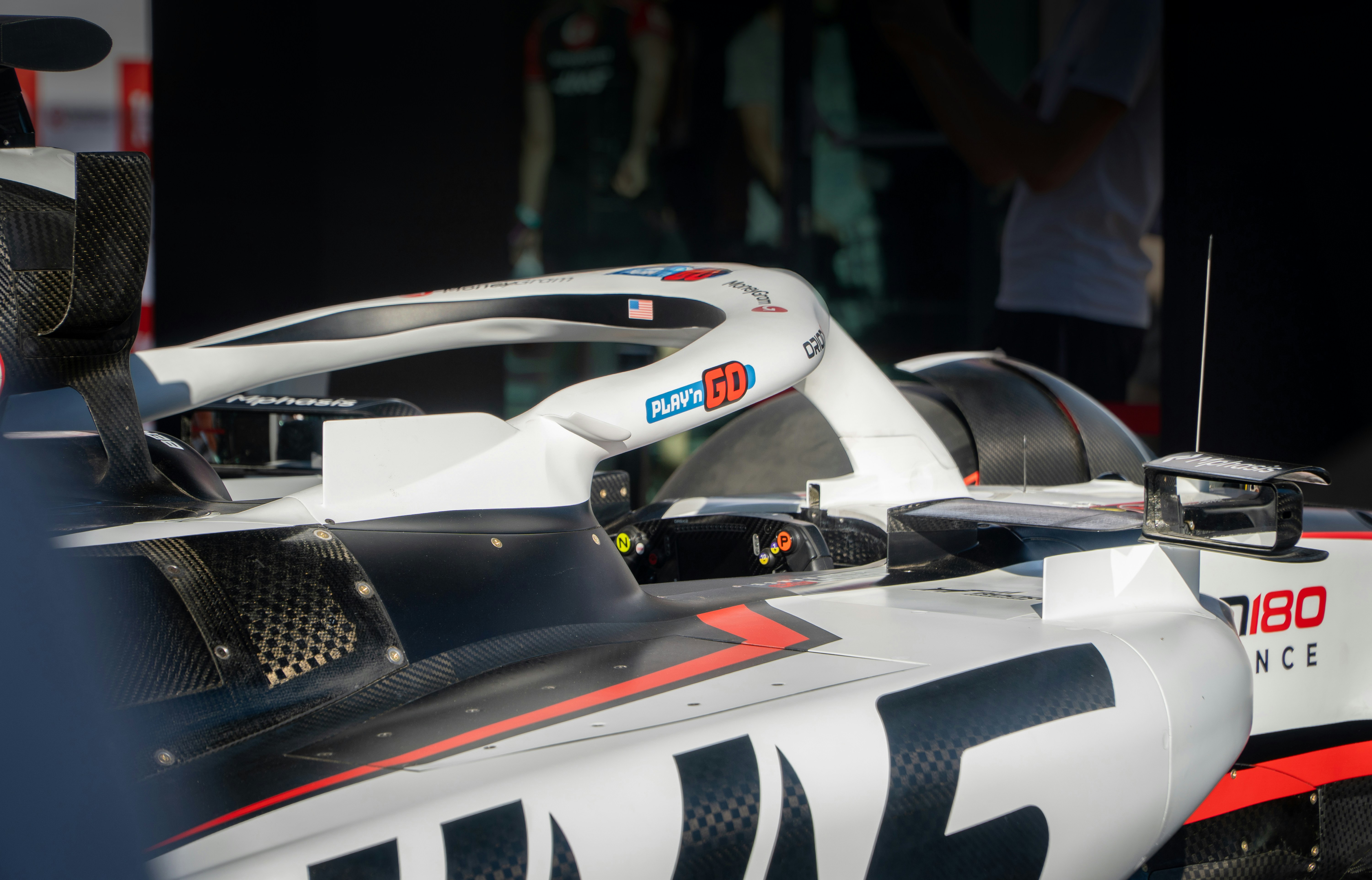 Interior view of a Formula 1 race car's cockpit.
