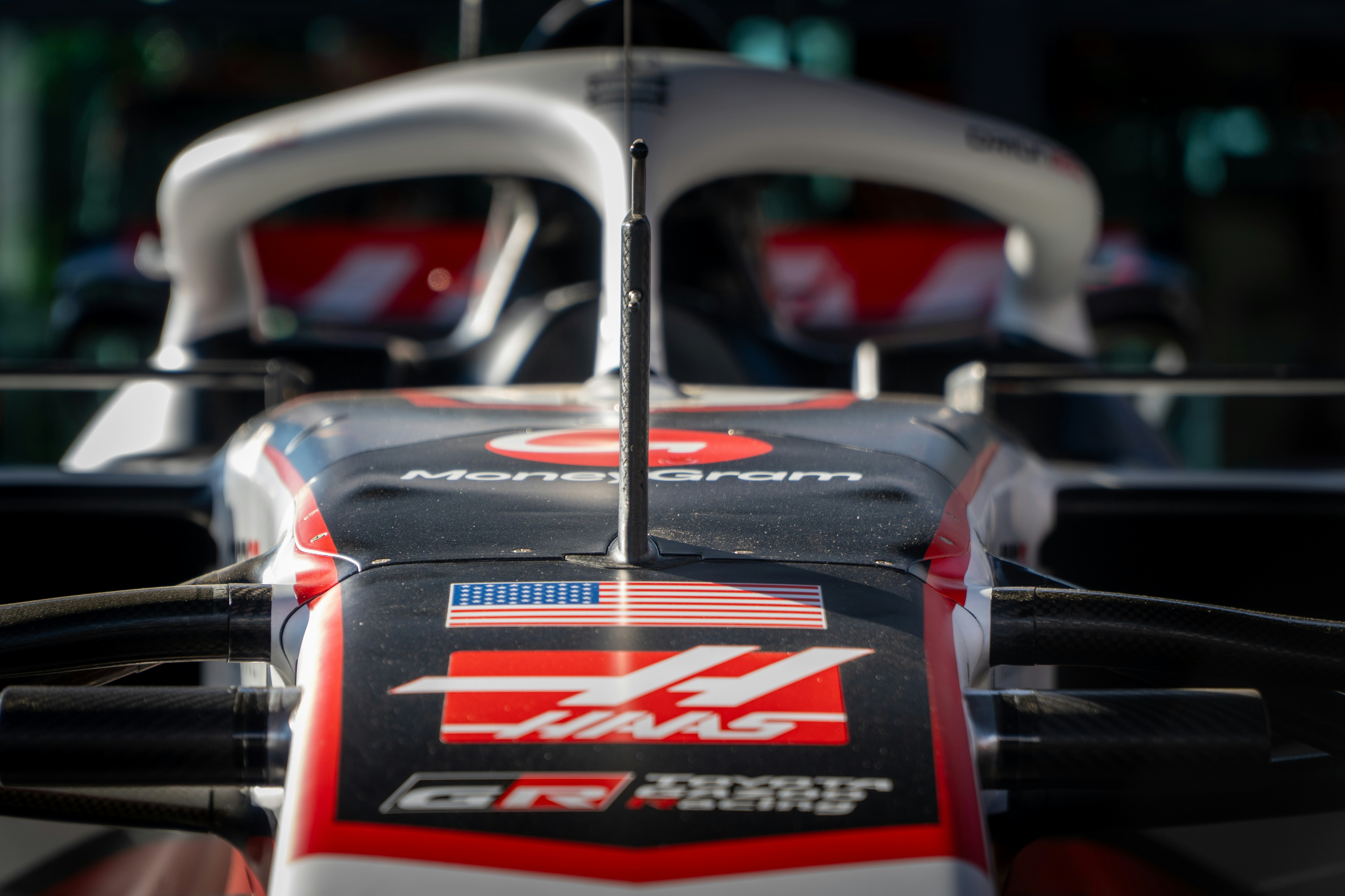 Close-up view of a Formula 1 race car.