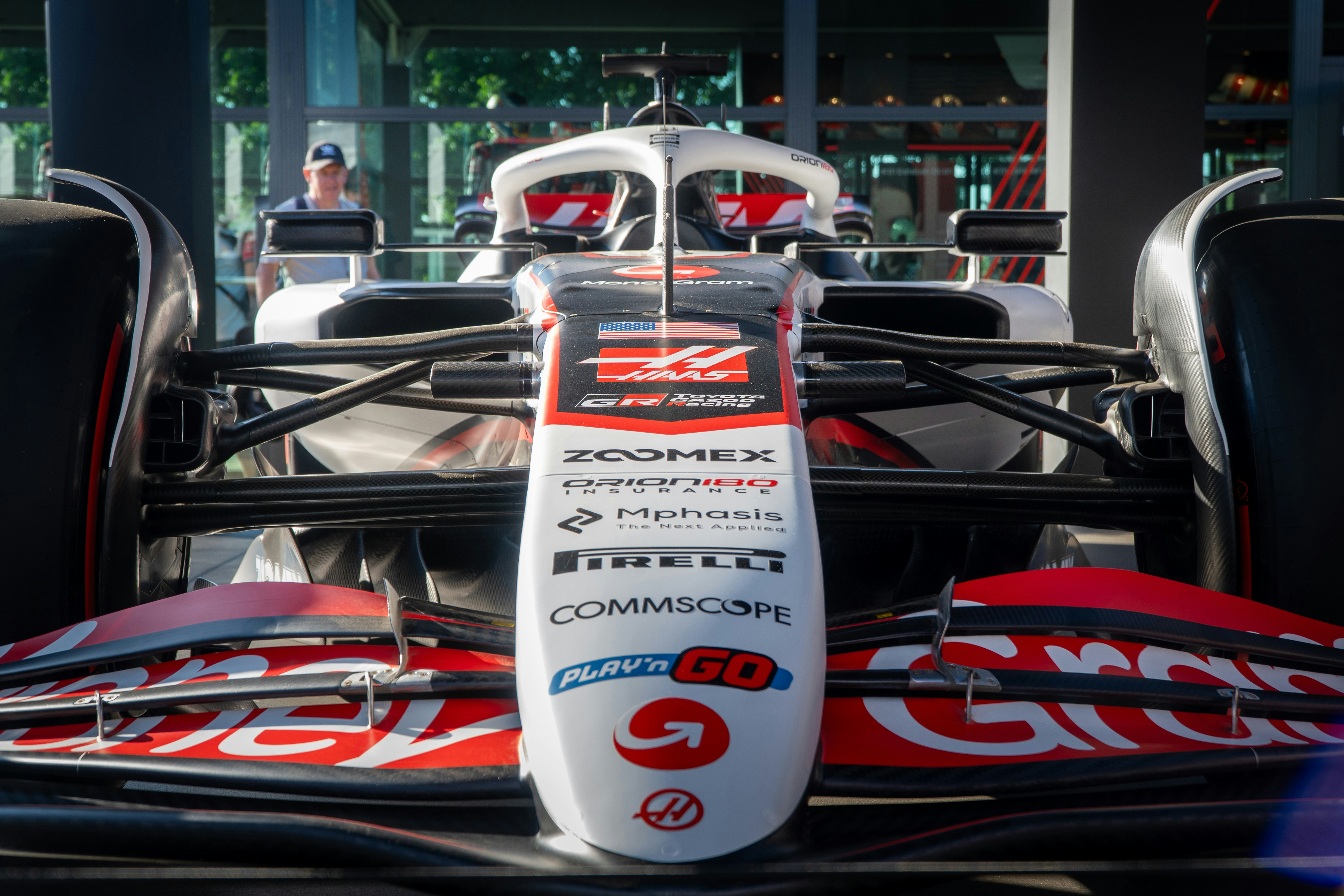 A close-up view of a formula 1 race car.