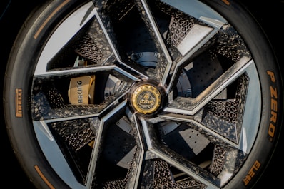 A close-up view of a car wheel.