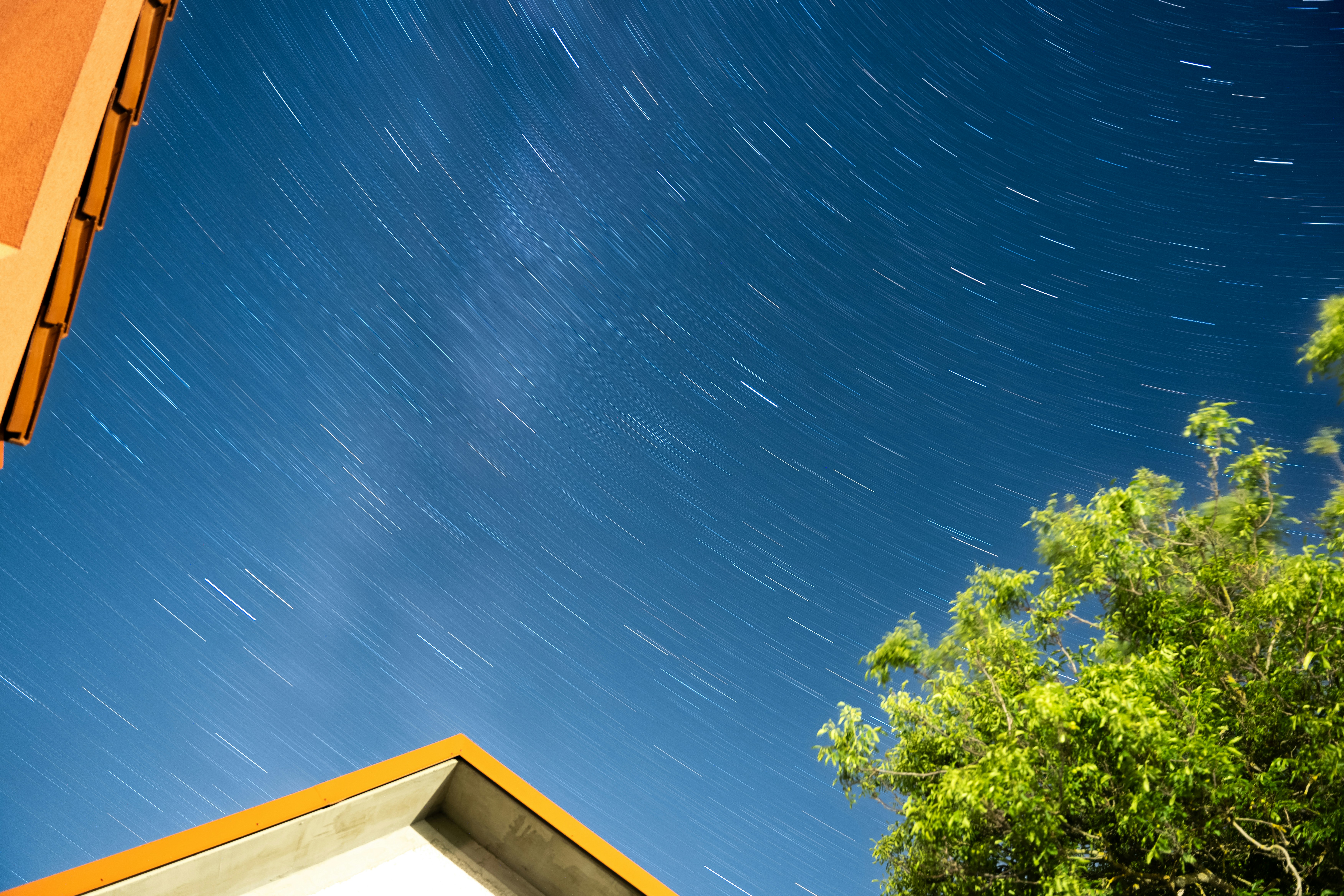 Stars trail across the night sky.