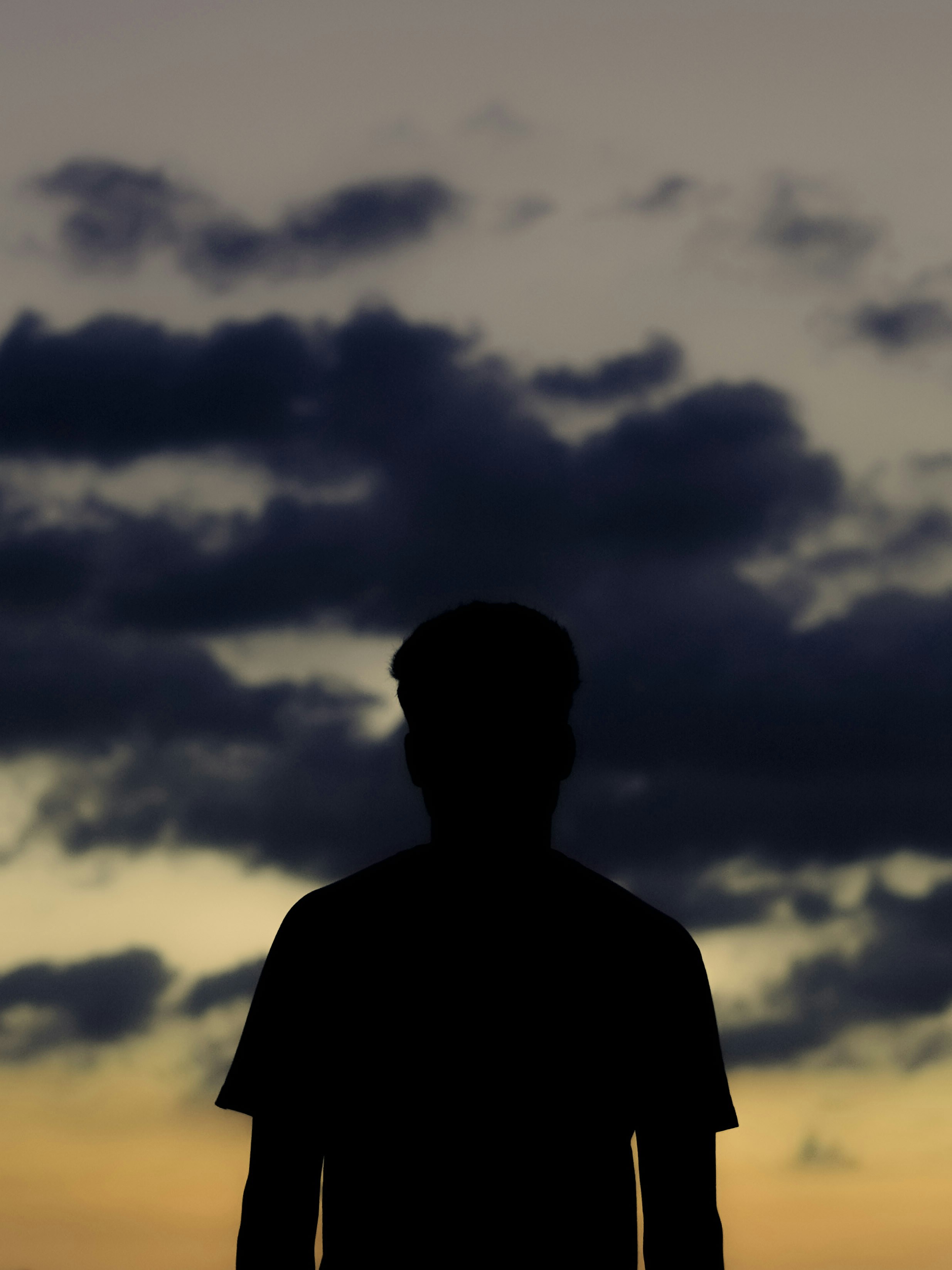 Une silhouette se dresse devant un coucher de soleil nuageux.