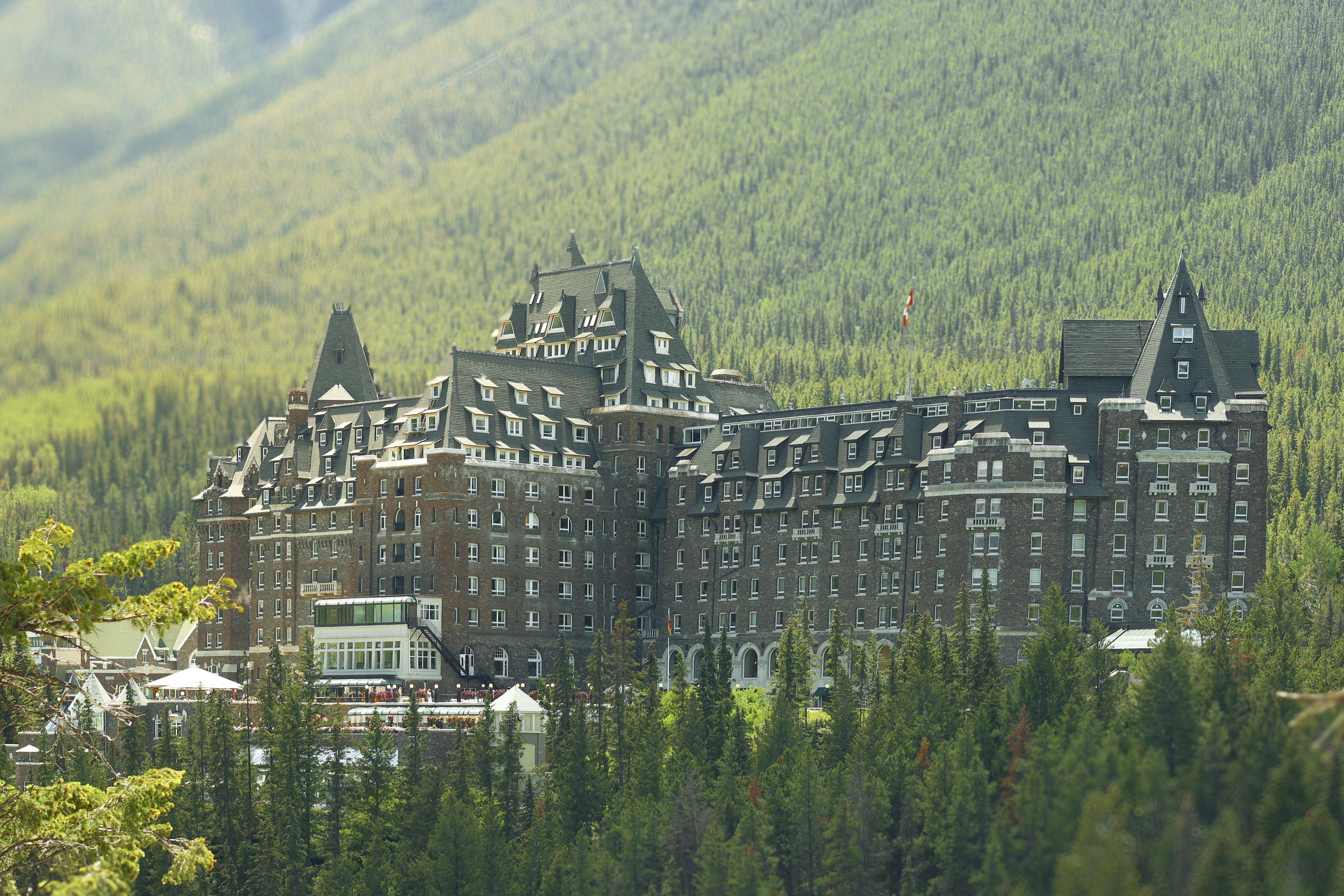 A large hotel nestled amongst the trees.