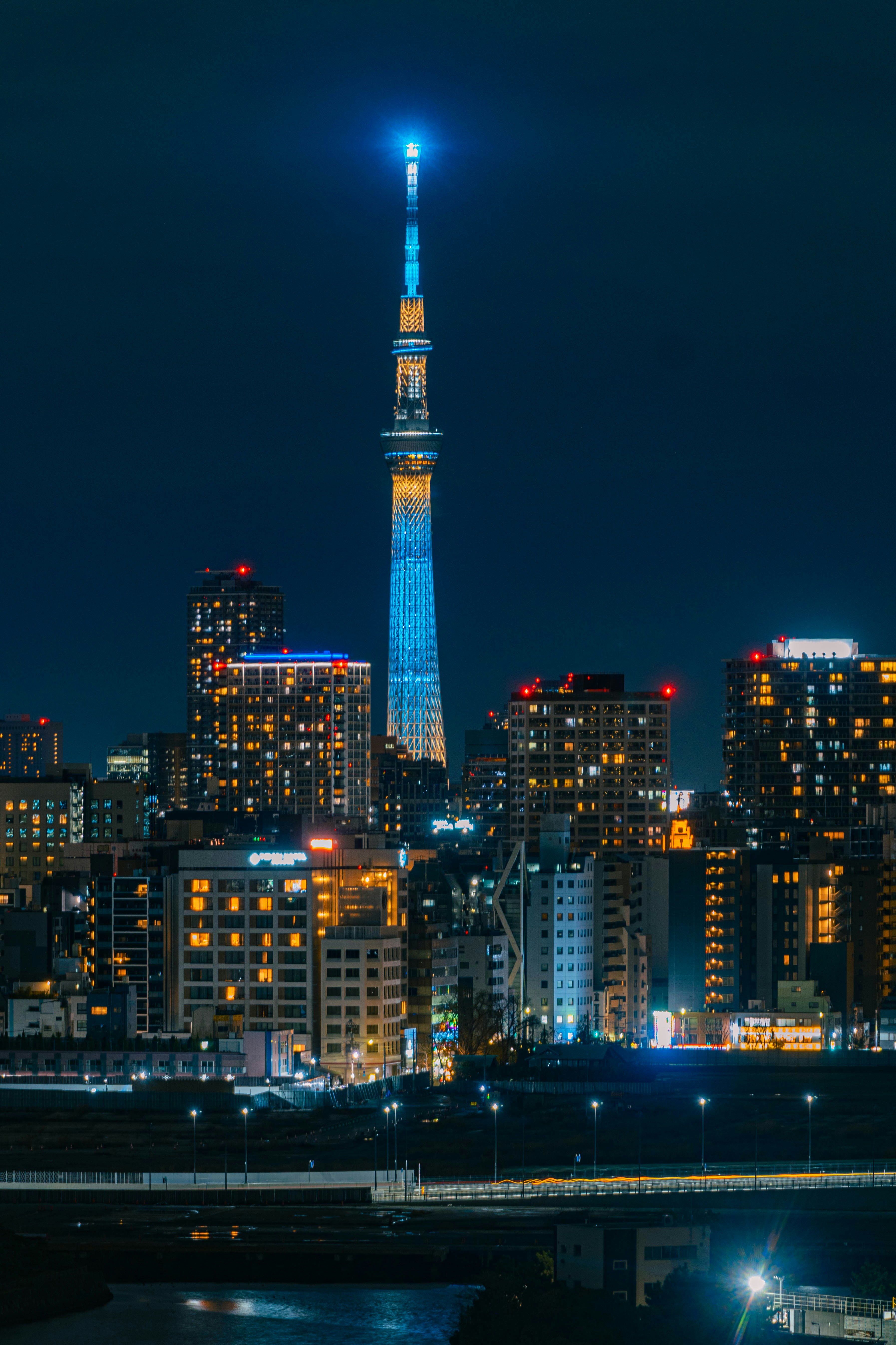 Tokyo skytree towers over a city at night.