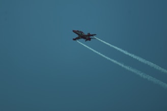 A fighter jet flies through a bright, blue sky.