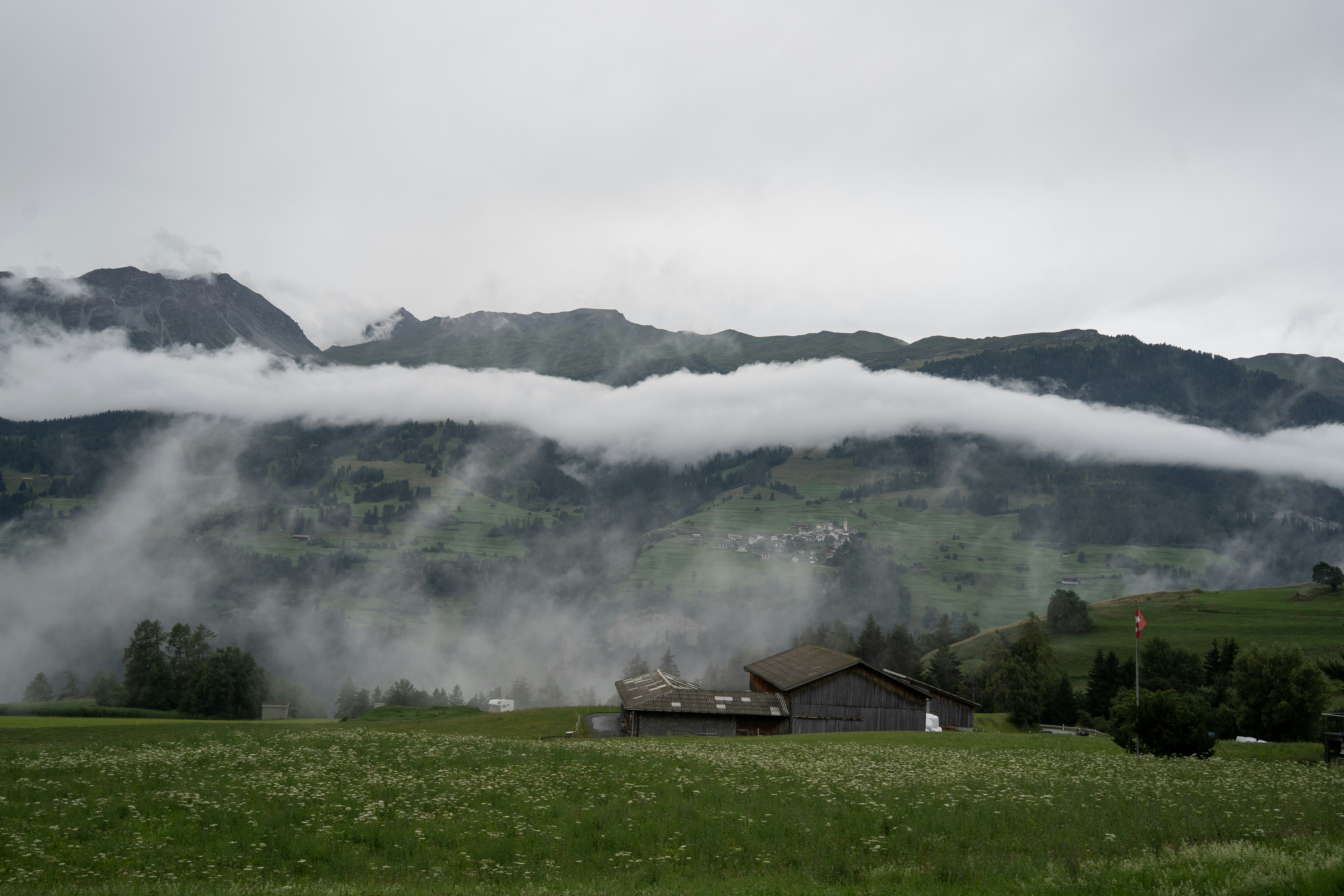 A rustic barn stands quietly on a flower-dotted meadow in Lenzerheide, Switzerland, as layers of mist and low-hanging clouds drift across the verdant alpine slopes. The moody weather and rolling landscape create a dreamlike glimpse into the Swiss highlands.