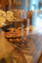 Delicious baked goods are showcased in a bakery.