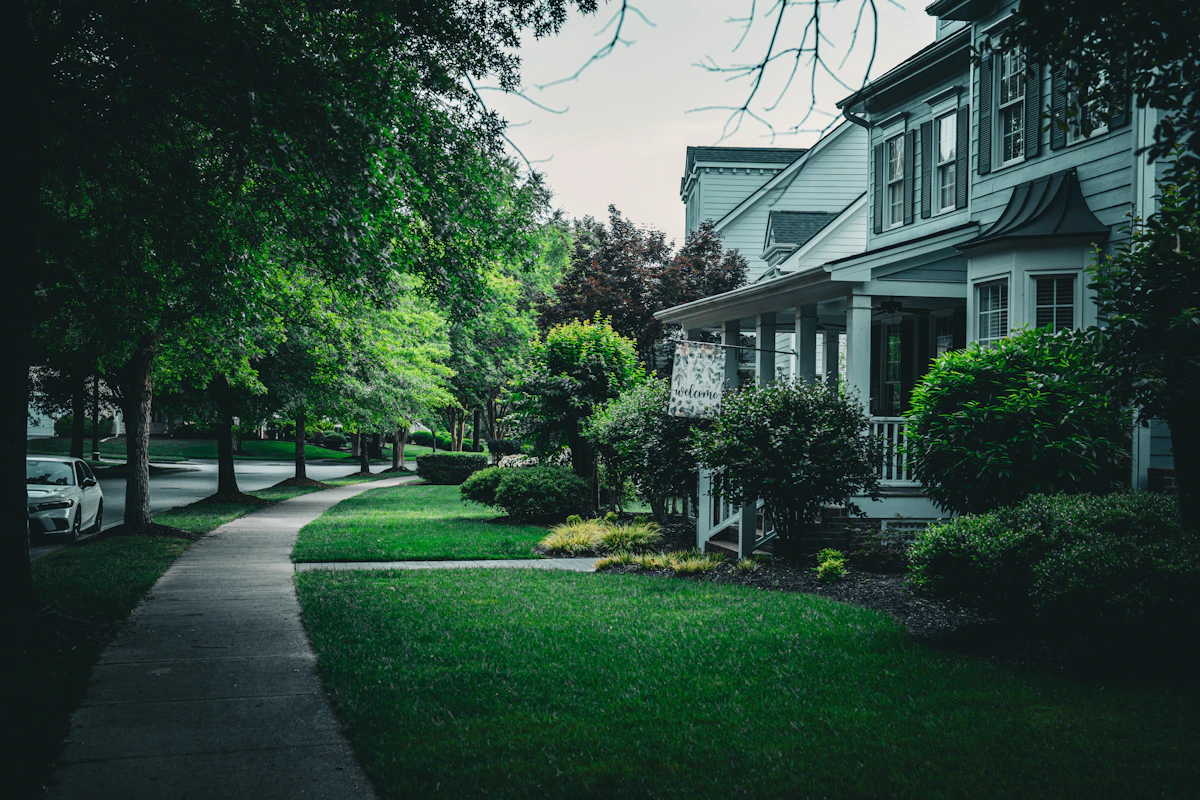 Manicured residential lawn meeting a sidewalk in a quiet neighborhood.