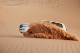 A car kicks up sand in the desert.